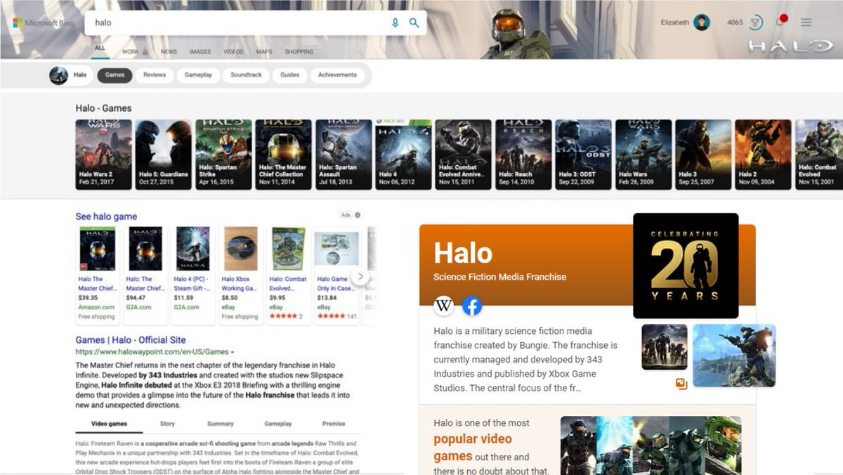 Microsoft Bing search results page for "halo" featuring Master Chief theme and carousel of Halo games.