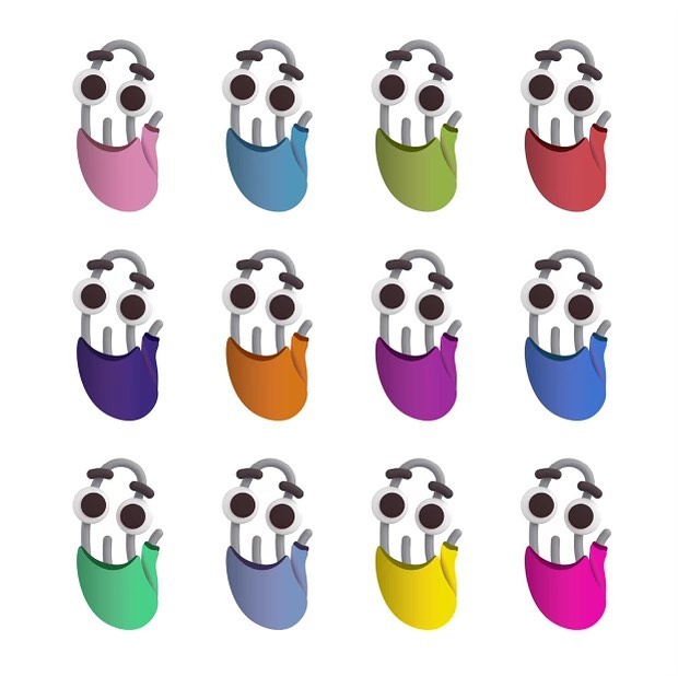 White background with 12 photos of Clippy wearing sweaters in various colors