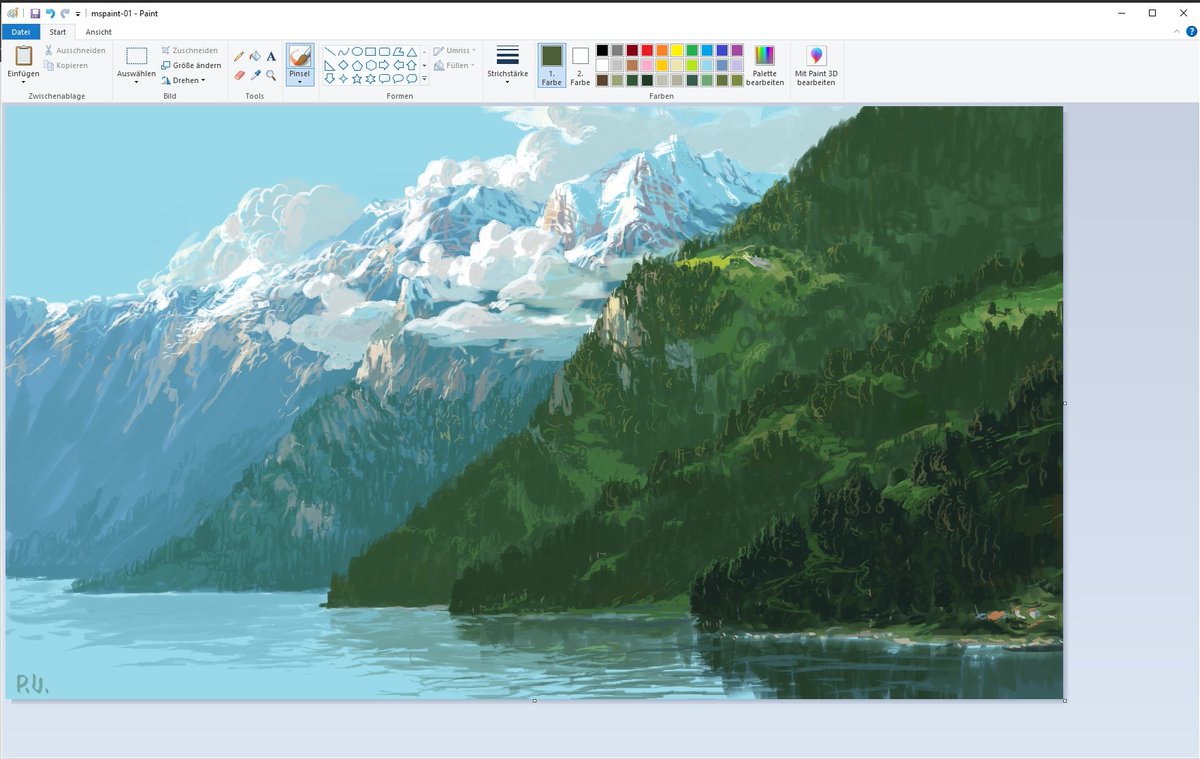 Photo of user-created Microsoft Paint artwork featuring mountains and open water.