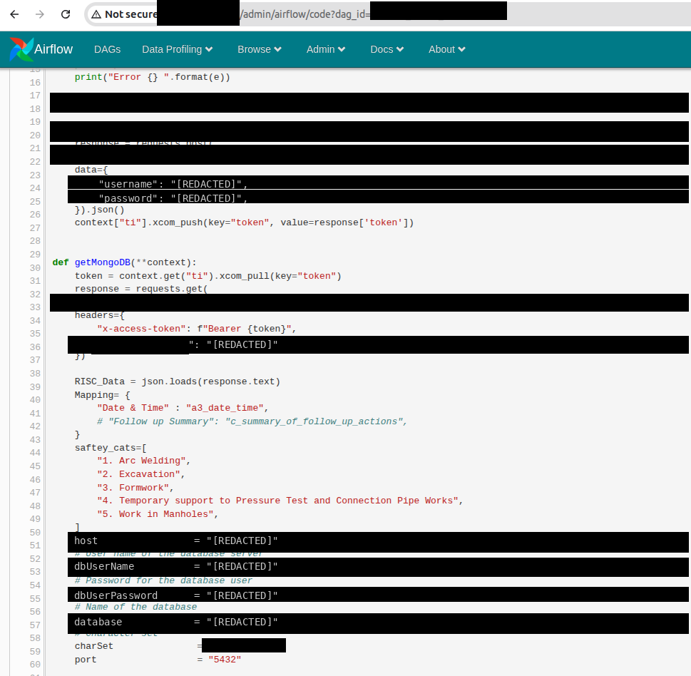 Airflow DAG source-code view exposing hardcoded database host, username, password and an access token (redacted) for a construction-management platform.