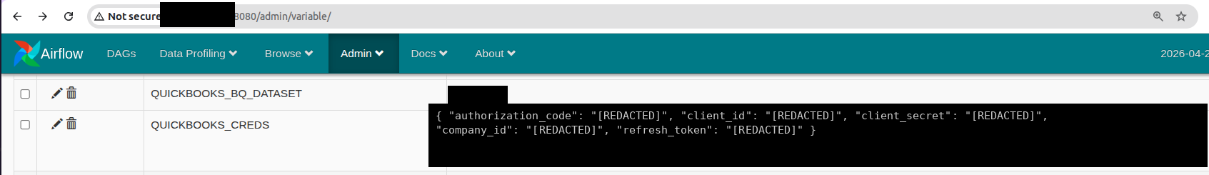 Airflow Variables admin page exposing a QUICKBOOKS_CREDS variable whose OAuth client secret and refresh token (redacted here) are readable with no authentication.