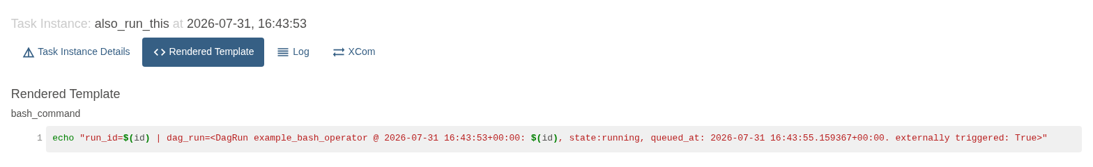 Airflow Rendered Template view showing the run_id value $(id) spliced verbatim into the bash_command string.