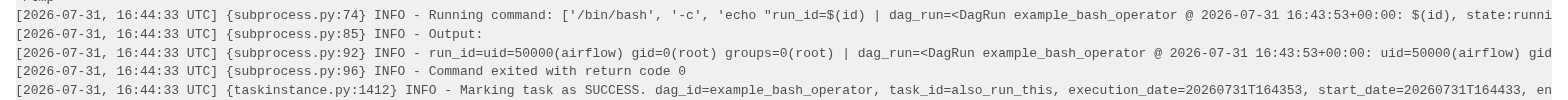 Airflow task log showing the injected id command executing, output uid=50000(airflow) gid=0(root), and the task marked success.
