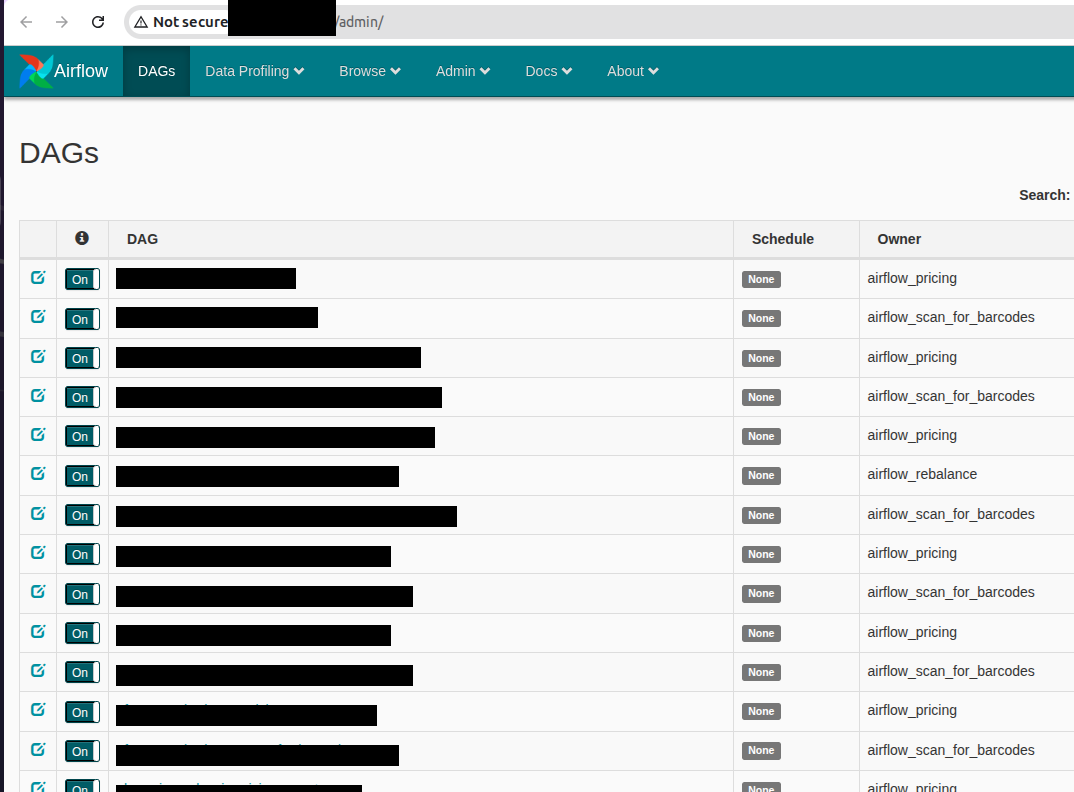 Airflow DAGs list on an unauthenticated ticket-pricing platform; DAG names are redacted but the owners read airflow_pricing, airflow_scan_for_barcodes and airflow_rebalance.