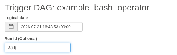 Airflow Trigger DAG form for example_bash_operator with the payload $(id) typed into the Run id field.