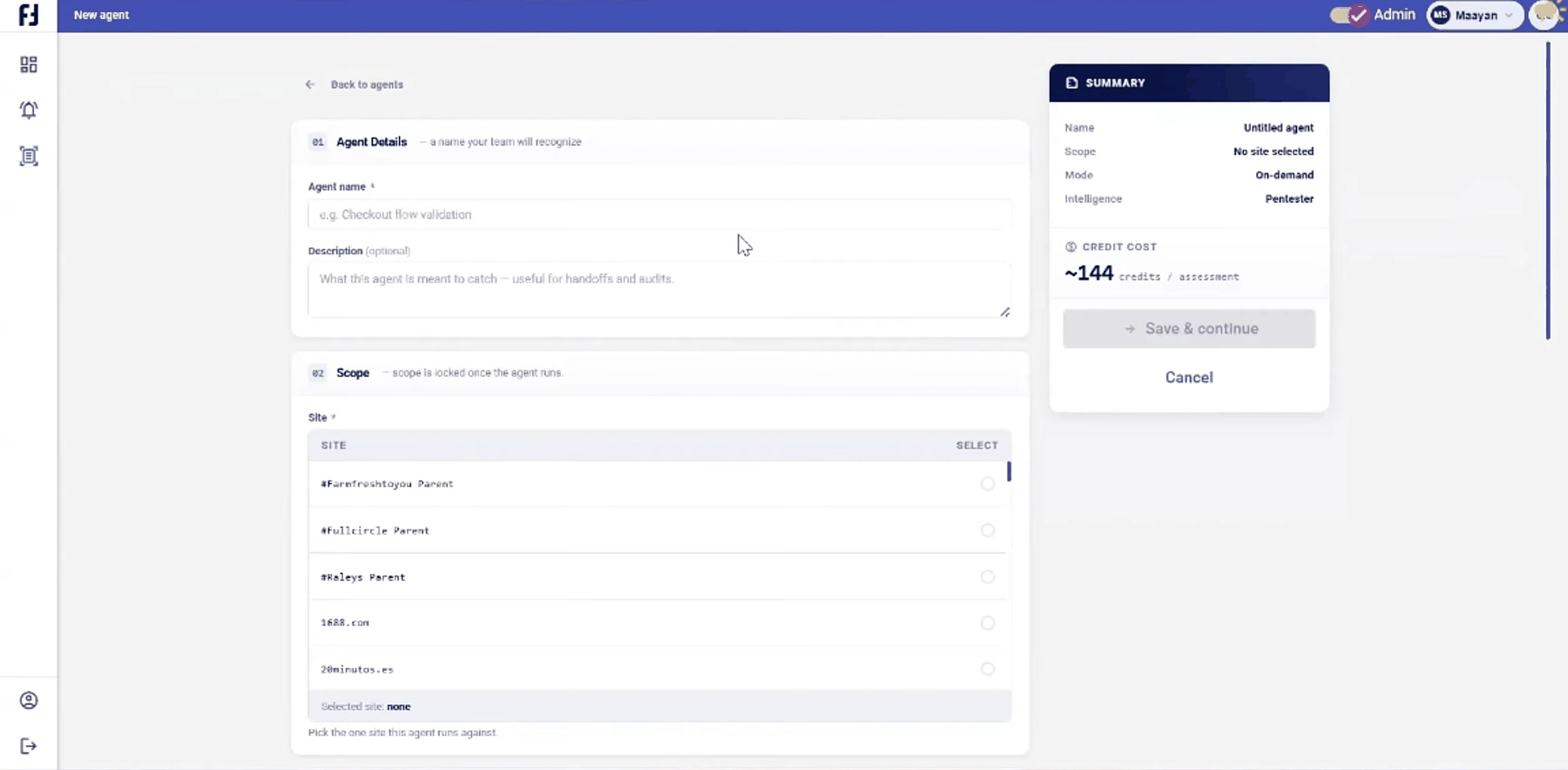 Naming a new agentic pentesting agent in Offensive Hub with the live Summary panel