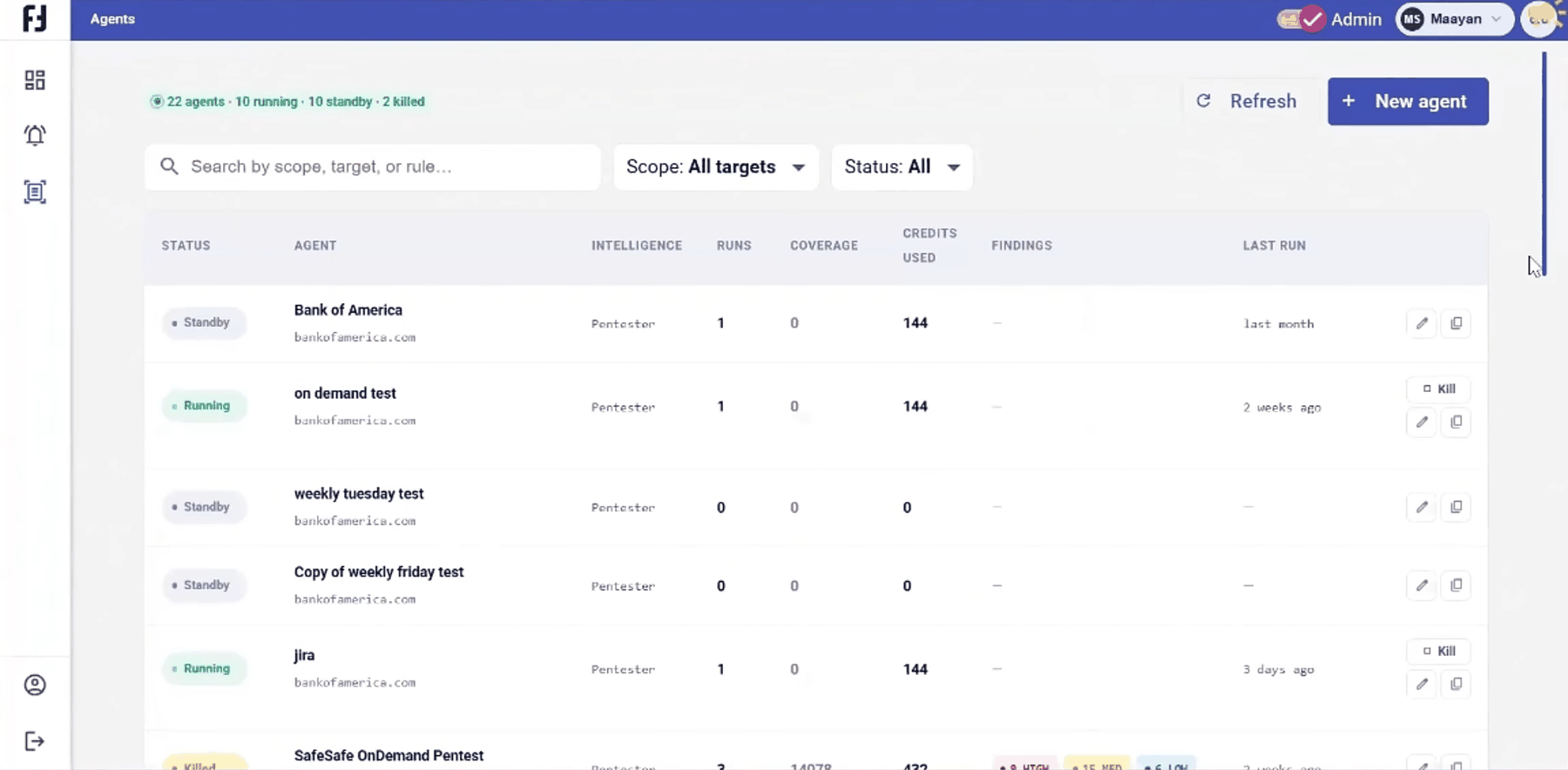 Offensive Hub Agents dashboard listing active agentic pentesting agents and their status